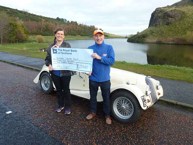 Alan Biggar presents the cheque for £25,500 to Emma Vickerstaff, regional fundraiser East of Scotland, Teenage Cancer Trust