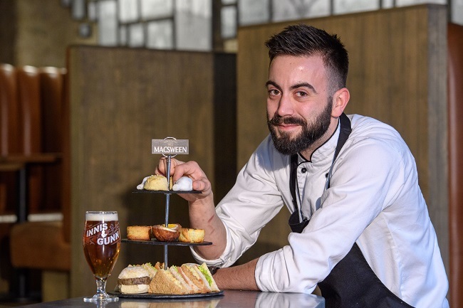 Dave Johnston, Head Chef at Innis & Gunn Beer Kitchen, Edinburgh tucks into Rabbie’s Haggis Afternoon Tea 