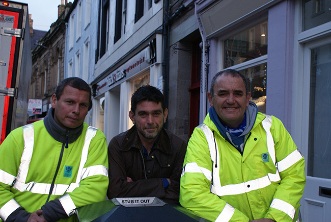 PKC waste operative, Richie Michie  Councillor Colin Stewart and PKC Waste operative Hugh Williamson 