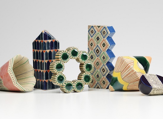 Frances Priest's creation Grammar of Ornament - India, a collection of 16 ceramic forms (Photo: Shannon Tofts)