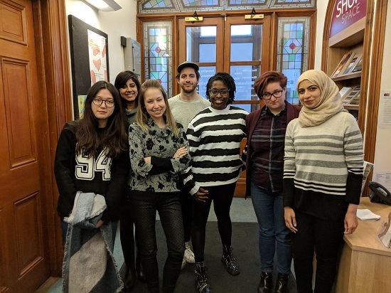 Pictured are seven of the students responsible for the exhibition (from left) Si Yeon Seong, Kanupriya Sharma, Anna Venturini, Alex Cohen, Sabrina Parker, Tina Conte and Asma Aljailani