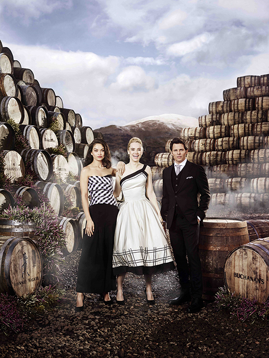 Shanina Shaik, James Marsden and Suki Waterhouse at the Diageo Cambus Cooperage in Alloa