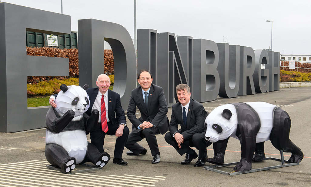 Sir John Elvidge, chairman of Edinburgh Airport, Consul General Pan and Cabinet Secretary for Economy, Jobs and Fair Work Keith Brown celebrate the launch of the direct route from Edinburgh to Beijing