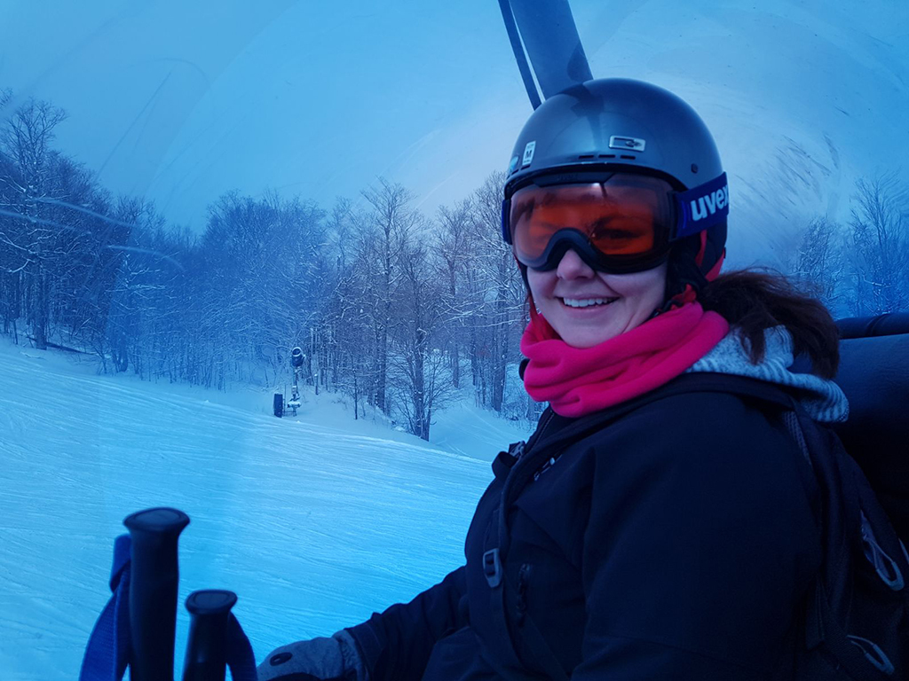 Fiona Hendrie takes the bubble lift at Mount Snow