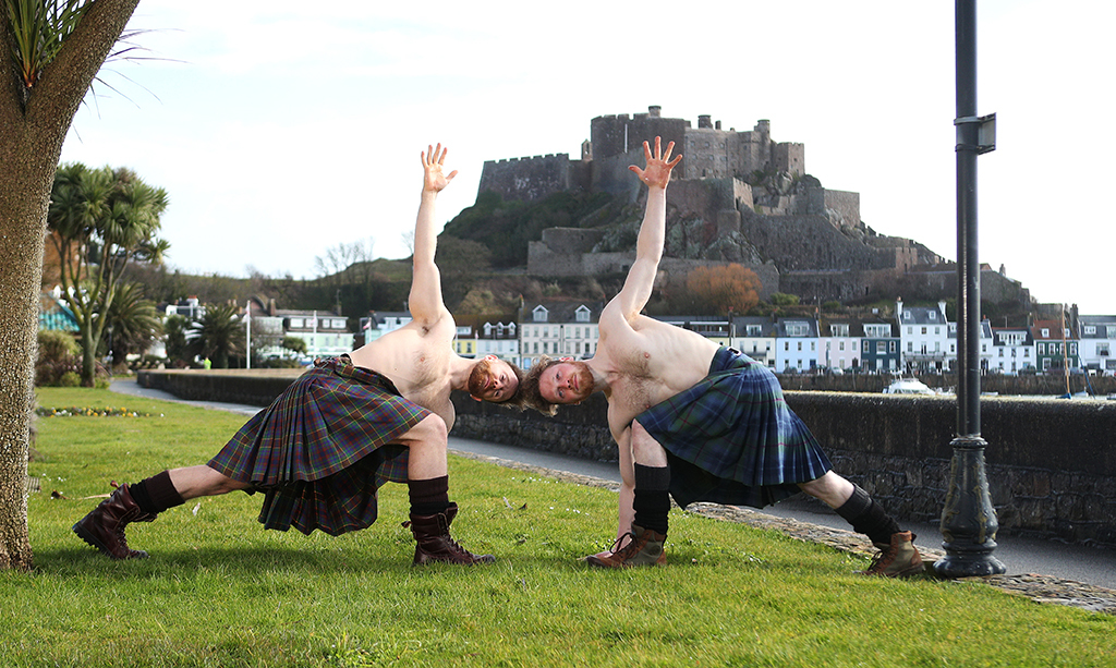 The Kilted Yoga boys at Mont Orgueil Castle