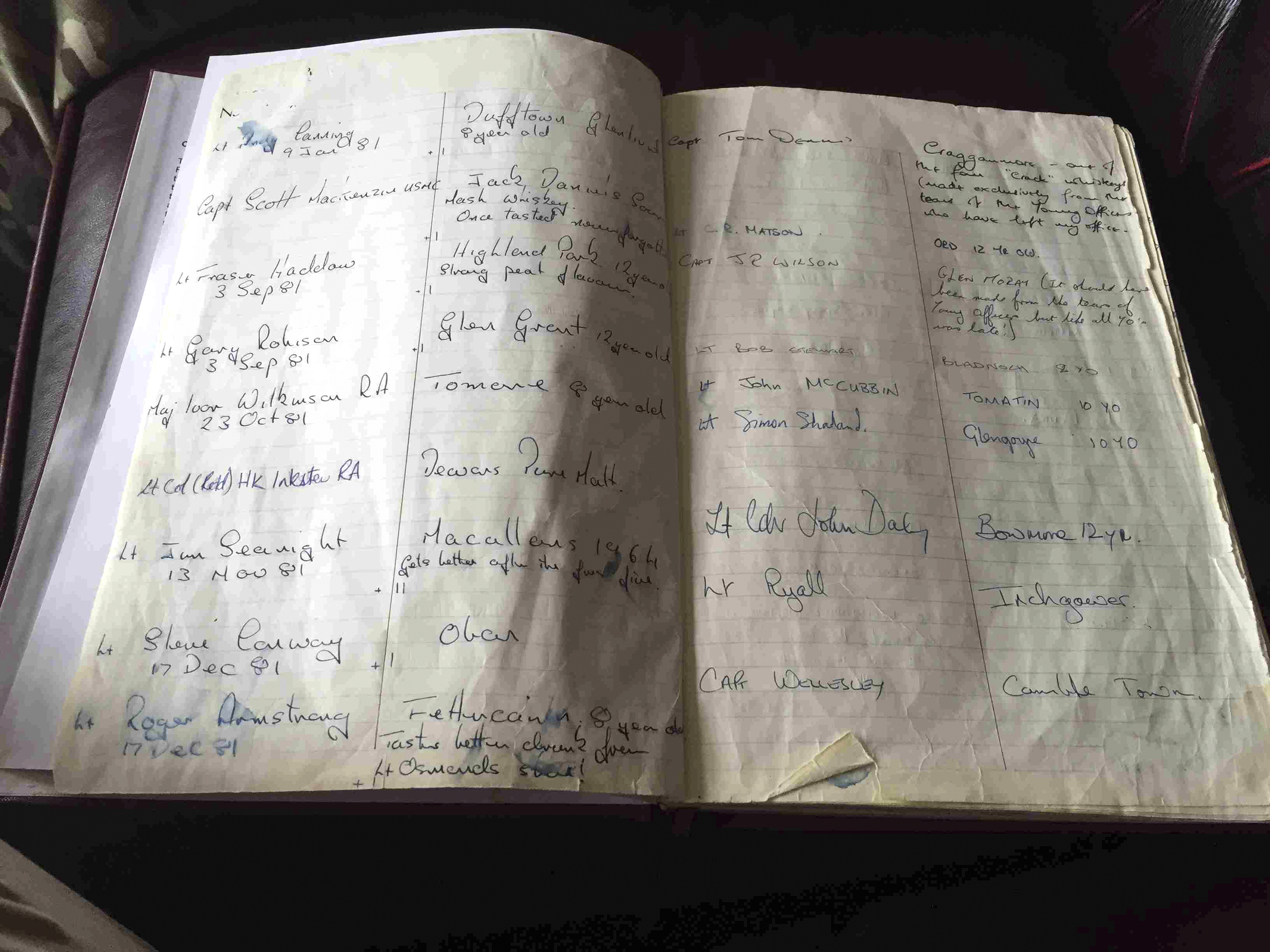 45 Commando's whisky book, listing all of the donations it has received from departing officers
