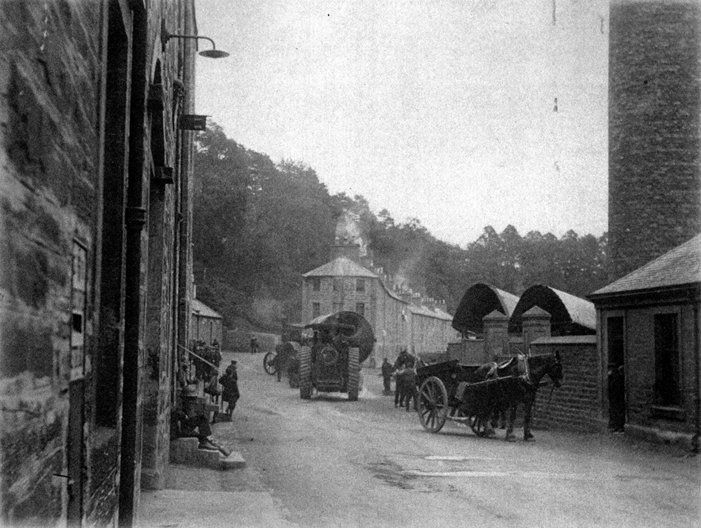 An archive image showing a horse and cart at New Lanark