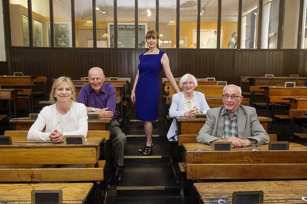 Scottish artist and filmmaker Margaret Moore (standing) and former pupils (left to right) Ruth Sills, William Everitt, Nan Tindle and Alex McKinlay
