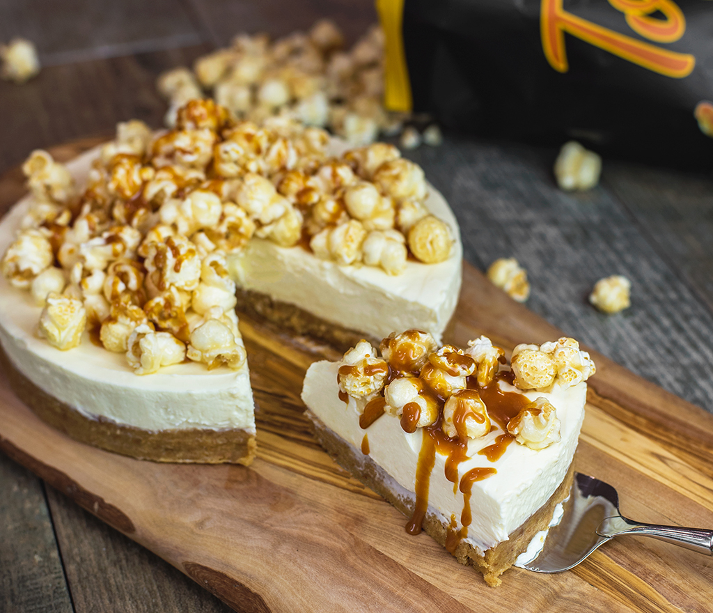 A  delicious Toffee Popcorn Cheesecake recipe features in the cookbook