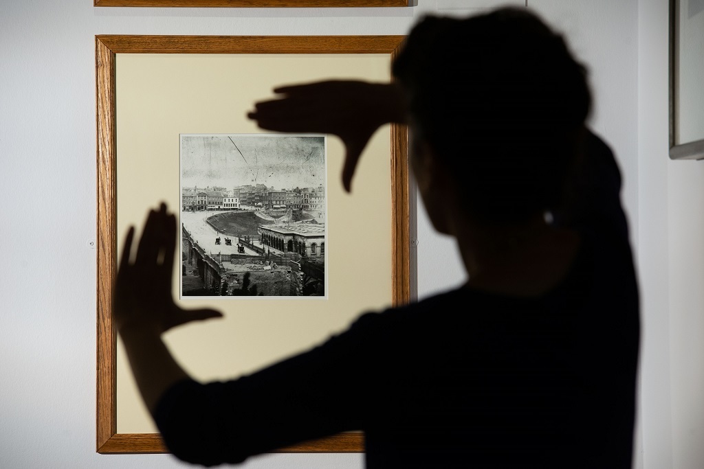 Dr Helen Scott with a Construction of a new arch, Waverley Bridge Photographic print from original glass plate naegatice c.1858 by Thomas Vernon Begbie