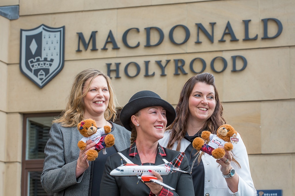 Donna McHugh (Loganair Head of Revenue and Sales), Tricia Thistle (Loganair crew member)  and Lyn MacDonald (Macdonald Hotels &amp; Resorts Group Marketing Manager)