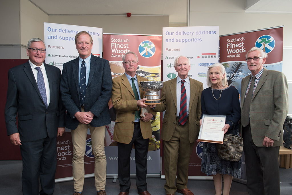 The Scotland's Finest Woods Awards with Fergus Ewing MSP, Tim Mack and Mark Crichton Maitland of Elderslie Estates, Robert and Julia Hunt-Grubbe of the Hunt-Grubbe Family Trust, and Tom McLellan of Fyne Forestry