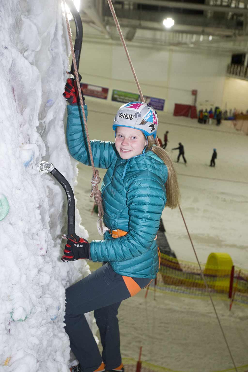 Caitlin Connor training on the ice wall at Snow Factor Braehead, ahead of her attempt to climb three of Europe's highest peaks