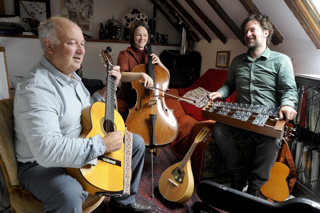 Louis de Bernieres is pictured rehearsing with Beth Porter and Ben Please (Photo: Colin Hattersley)