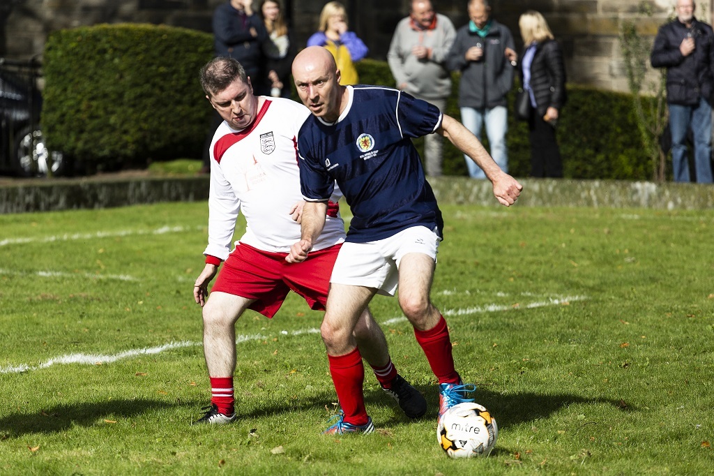 Scotland vs England crime writers football Match at Bloody Scotland, with Scottish captain Christopher Brookmyre (Photo: Paul Reich)