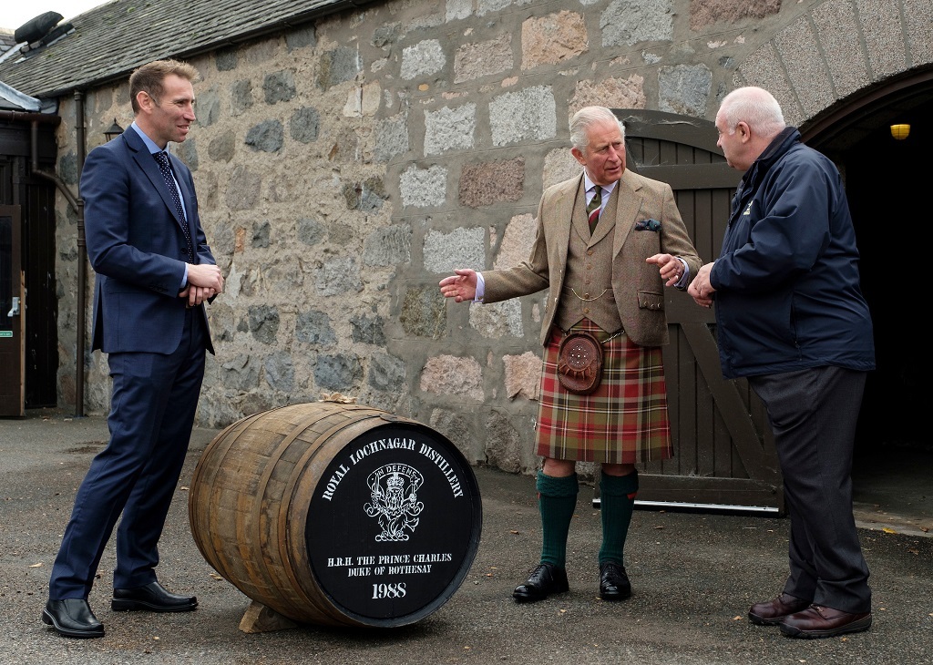 HRH The Prince Charles, Duke of Rothsay, visits Royal Lochnagar Distillery on Royal Deeside today to be formally presented with a rare cask of single malt Scotch whisky that was laid down 30 years ago as a gift to His Royal Highness.
Photo shows HRH with Ewan Andrew (Diageo Director) and Sean Phillips (Distillery Manager) with the cask that will be bottled on his 70th birthday. (Photo: Mike Wilkinson)