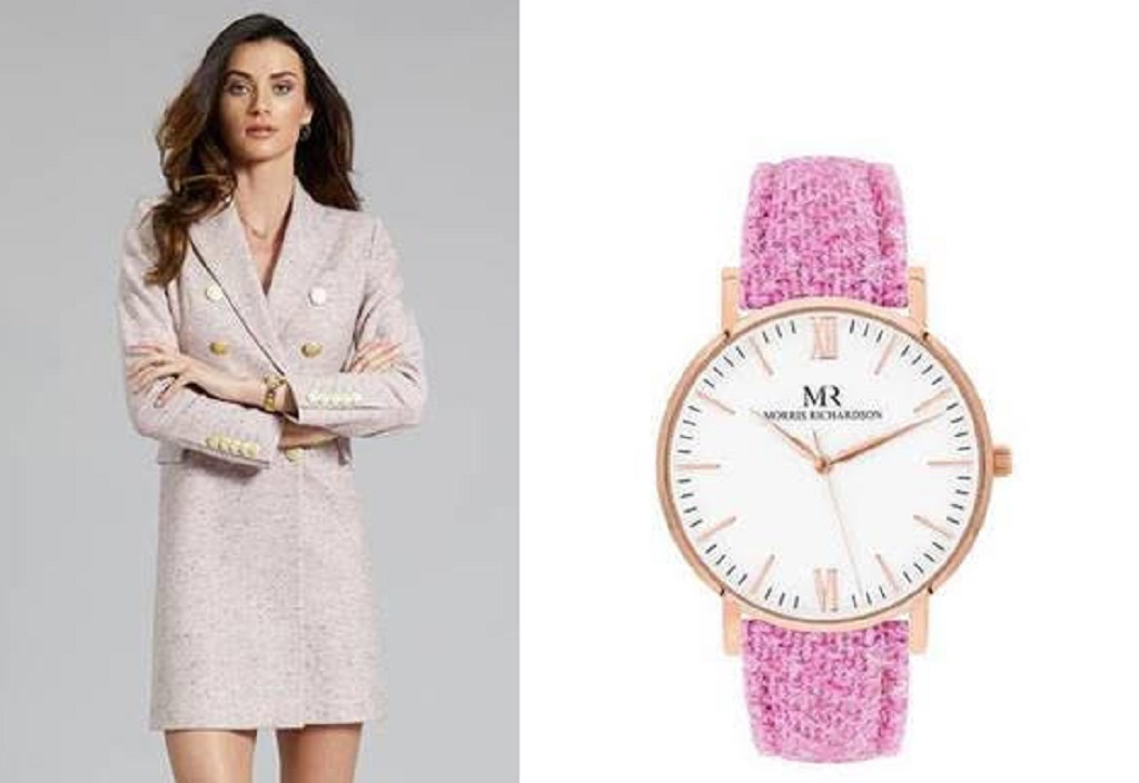 In celebration of Breast Cancer Research, the Knightsbridge Coat Dress in Anniversary Pink, £549 by Holland Cooper, and the Belvoir Watch, £189 by Morris Richardson