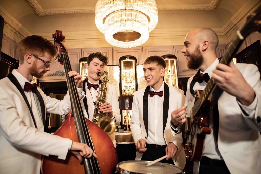 The Royal Conservatoire of Scotland unveils The Gleneagles Ensemble. Jazz students (from left) Mark Hendry, Matt Carmichael, Dominykas Snarskis and Tom Stephenson (Photo: Robbie McFadzean/RCS)
