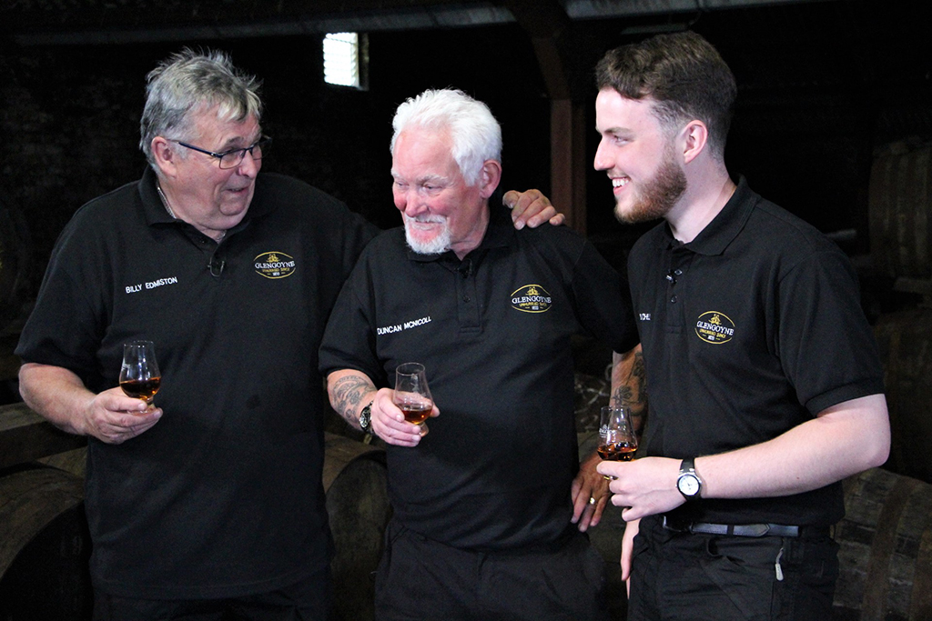 Pictured (from left) are Billy Edmiston and Duncan McNicoll, two of the original Glengoyne Teapot Drammers, sharing a whisky with Blair Mitchell. Blair is a Warehouseman at Glengoyne Distillery and, at 20 years old, is the youngest member of the Glengoyne production team.