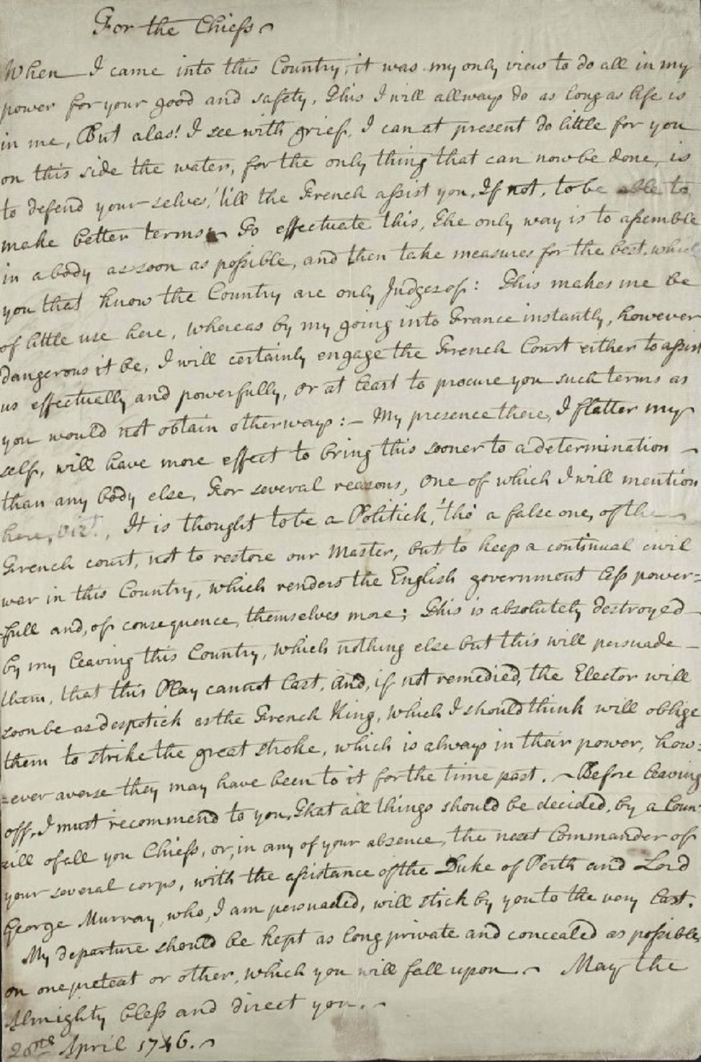 Letter from Bonnie Prince Charlie to the Scottish
Chiefs, justifying his reasons for leaving Scotland
after the Battle of Culloden, 28 April 1746
(Photo: Royal Archives / © Her Majesty
Queen Elizabeth II 2018)