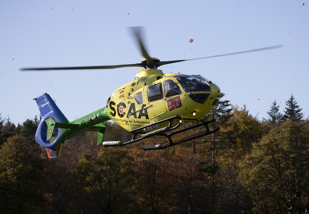 Scotland’s Charity Air Ambulance (SCAA) EC135 helicopter flies into Hazelhead Park in Aberdeen (Photo: Graeme Hart/  Perthshire Picture Agency)