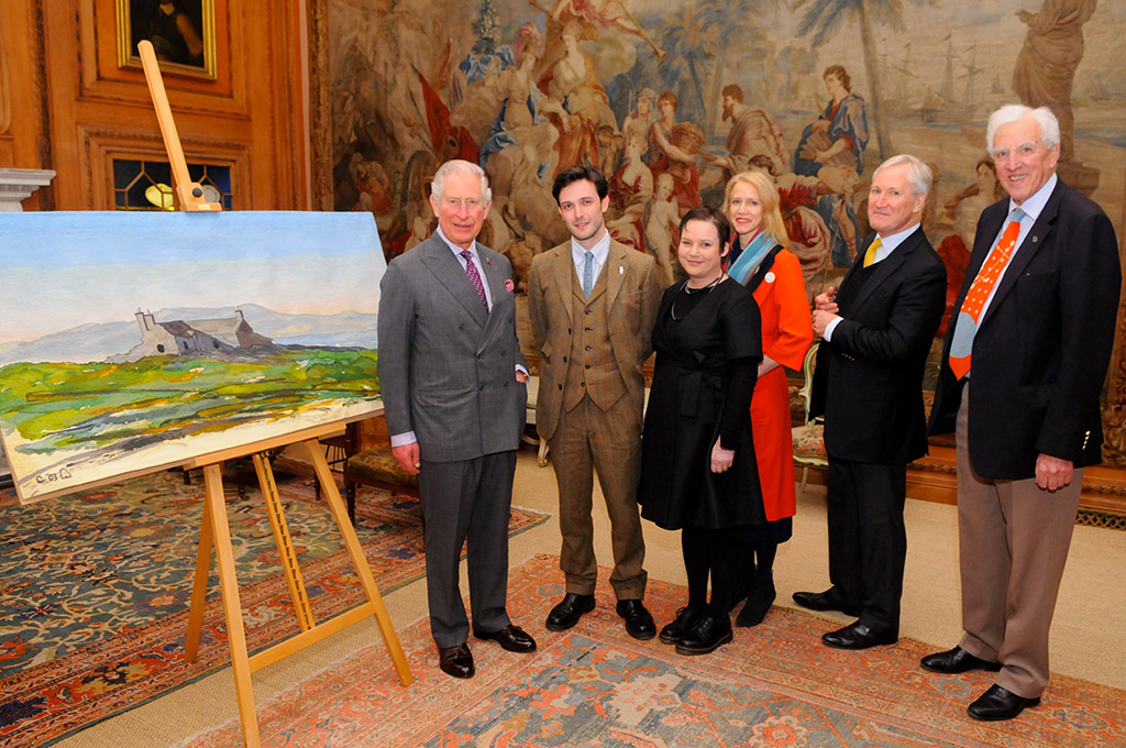 HRH The Prince Charles alongside the tapestry, artist Ben Hymers, and representatives of Dovecot Studios in Edinburgh.