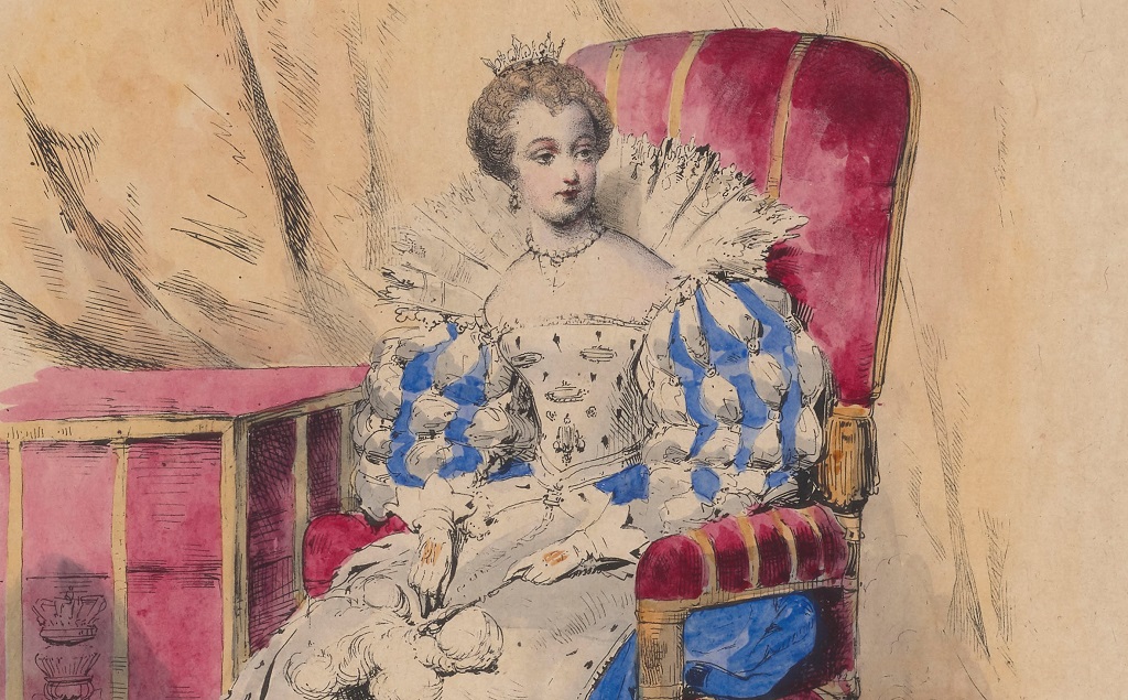 A coloured lithograph from a series depicting a Mary, Queen of Scots-themed mask ball held in France. Produced in 1829.
