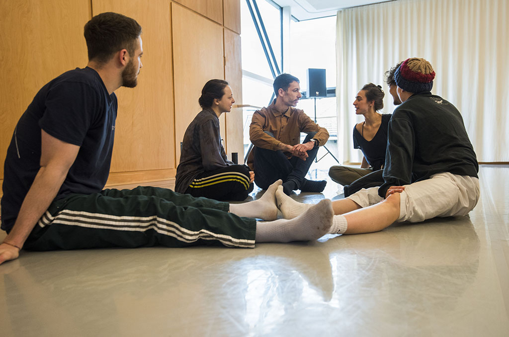 New Artistic Director Joan Clevillé chats with dancers at Scottish Dance Theatre (Photo: Alan Richardson)