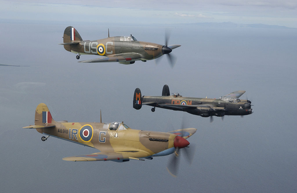 The Royal Air Forces Battle of Britain Memorial Flight, with a Spitfire, Hurrican and Lancaster