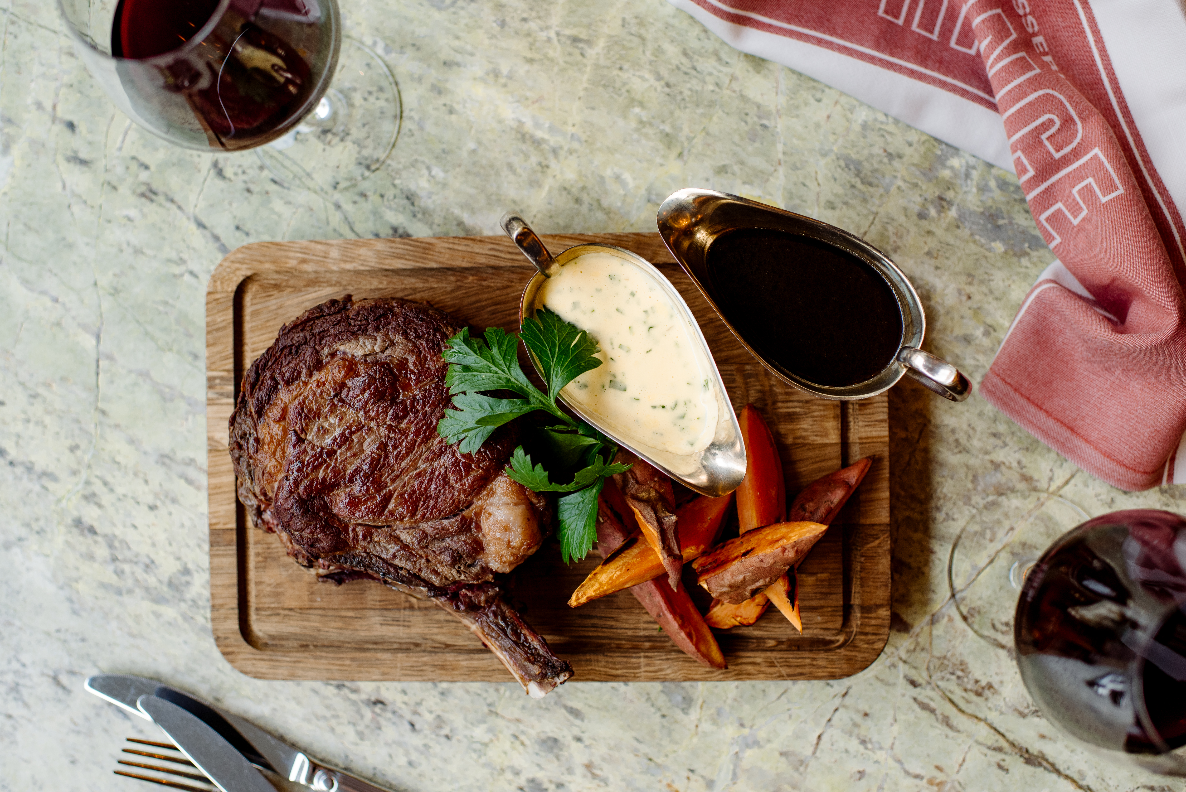 Brasserie Prince by Alain Roux's Scottish rib of beef for two with roasted sweet potato wedges, and Bearnaise sauce