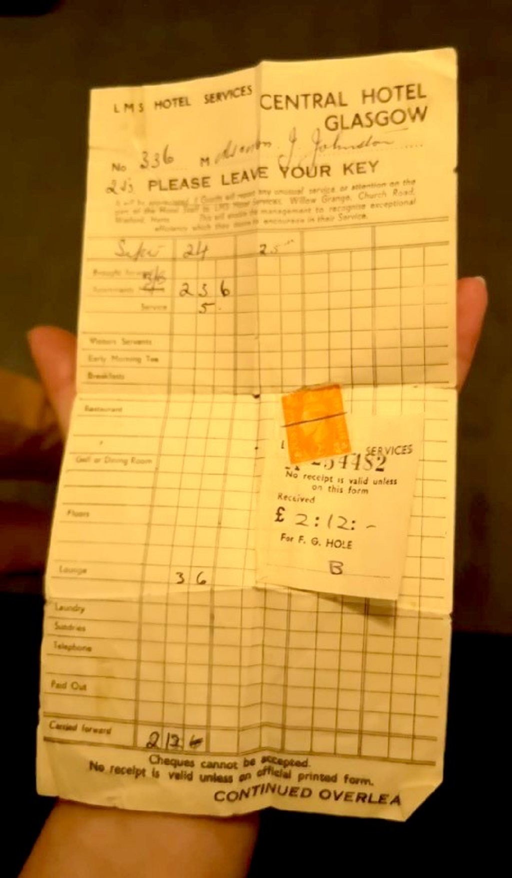 The Grand Central Hotel receipt from 1947
