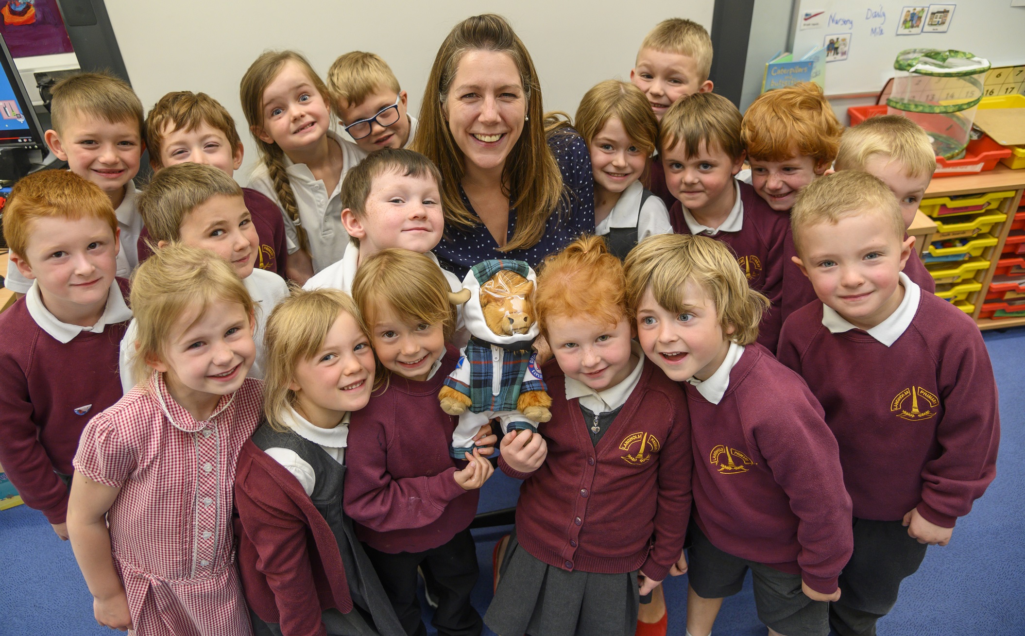 Paula Ward, Regional Leadership Director at VisitScotland, with Langholm Primary School pupils and the Highland Coosmonaut (Photo: Phil Wilkinson)