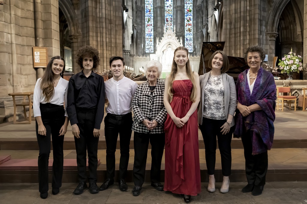 The finalists and judges at the St Mary’s Music School Directors’ Recital Prize 2019.  From left to right:  Sofia-Ros Gonzales, Fraser Mason, Finn Mannion, Sheila Colvin,  Marie-Sophie Baumgartner, Jo Buckley and Maureen Morrison
