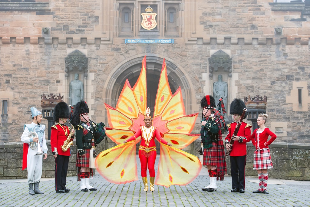 Performers from the  Trinidad * Tobago Defence Steel Orchestra  joined Highland Dancers and military pipers and drummers on the Esplanade of Edinburgh Castle (Photo: Ian Georgeson)