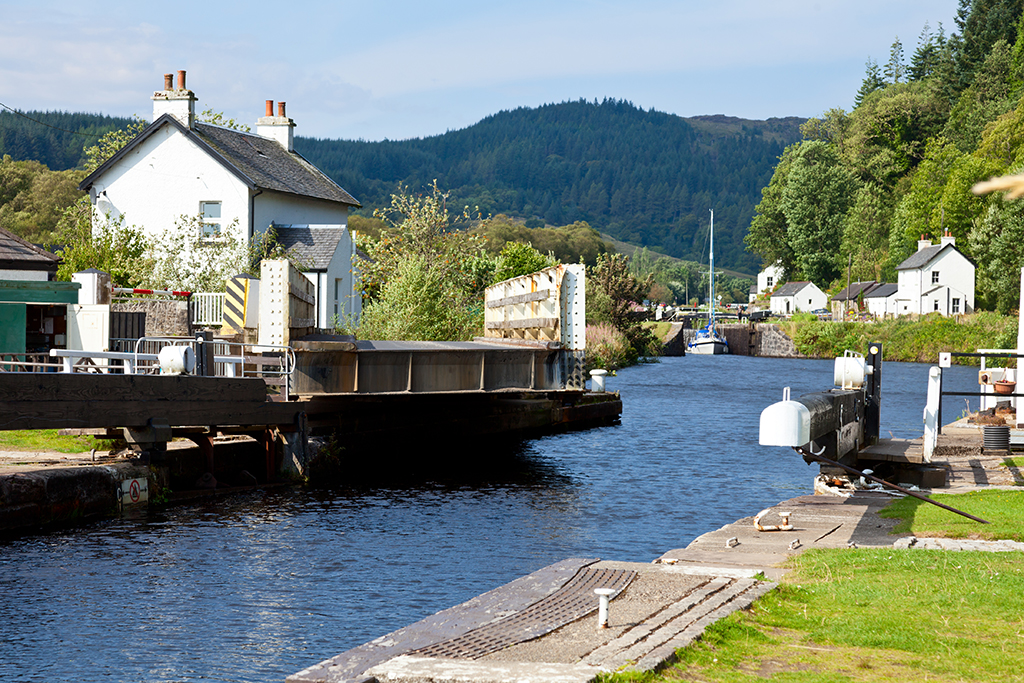 A canal lock at Cairnbaan Bridge on the Crinan Canal