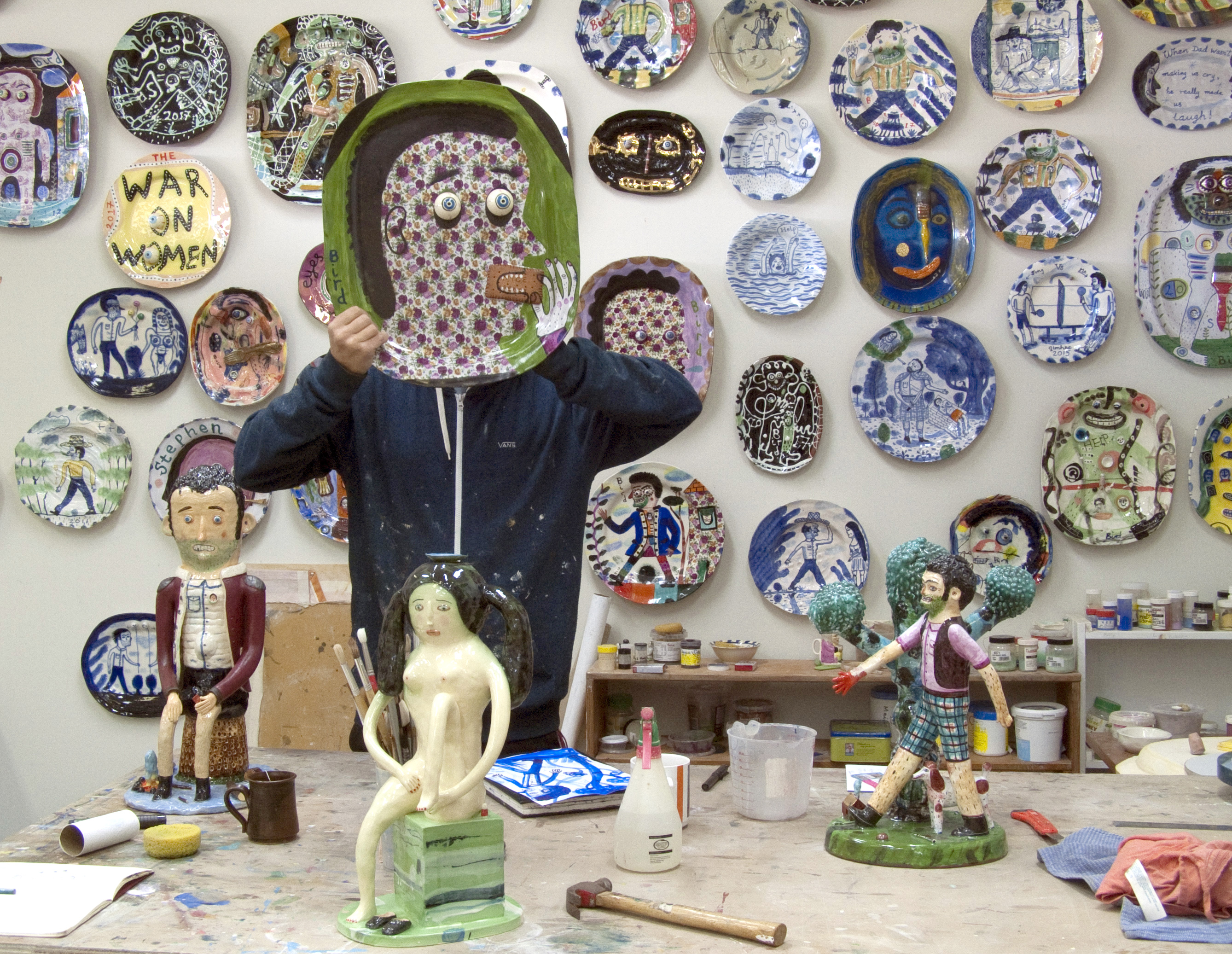 Stephen Bird in his studio with head plate, Sydney 2017, image: Charlotte le Brocque