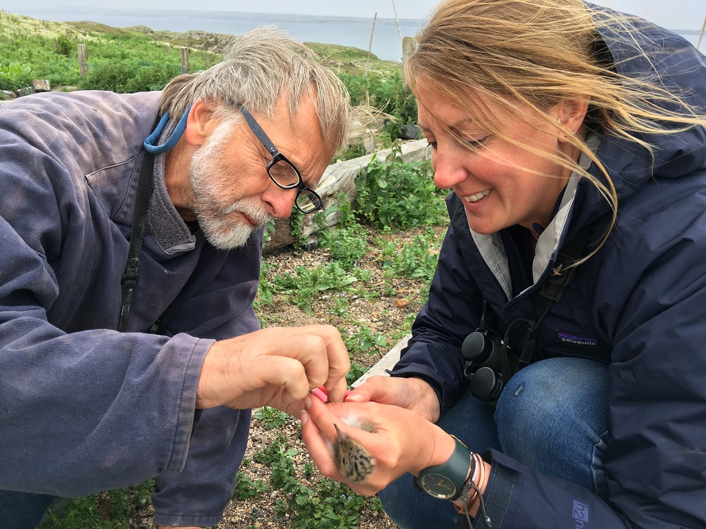 Dr Chris Redfern and Bex Outram with the hybrid chick (Photo: SNH/David Steel)