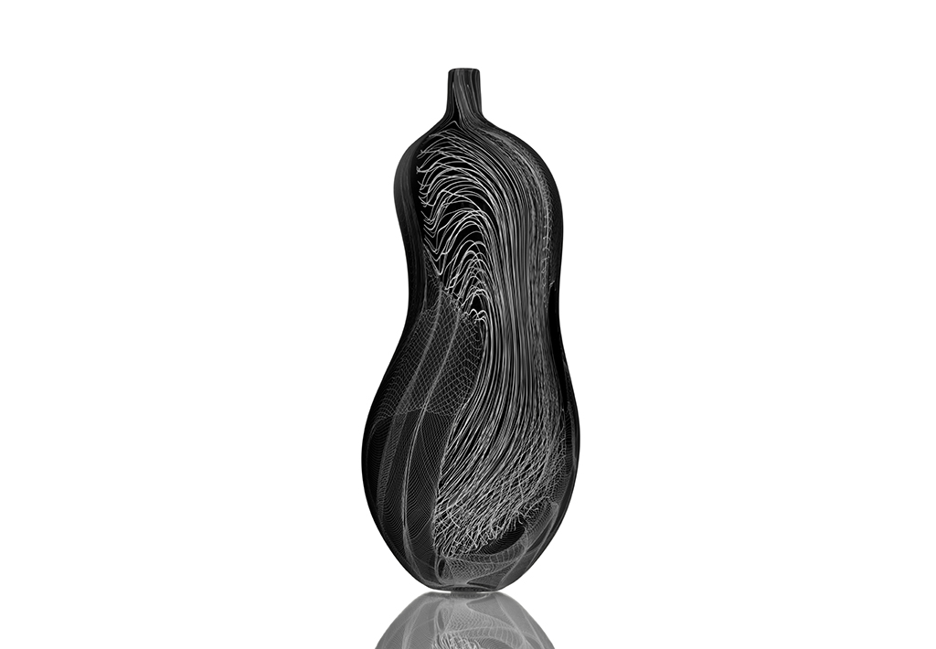 Vidar Koksvik, Akaso IV, 2012, mouth blown grey vase with filigree white canes, H50 x D21 cm