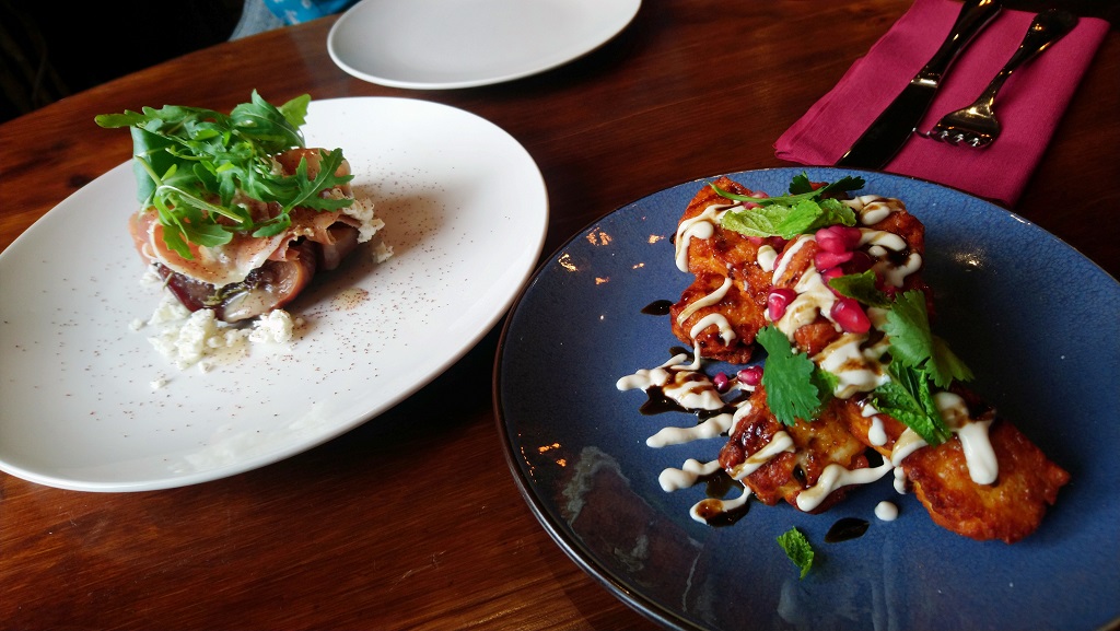 Two options from the garden section - halloumi chips and  the serrano ham, which was wrapped around a roast peach, with feta 