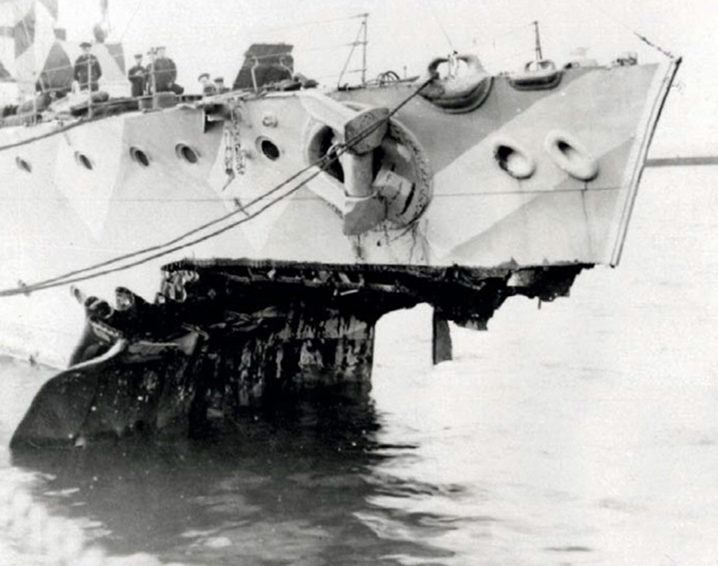 The torn bow of the  K17, sunk after HMS Fearless smashed into her in the dark