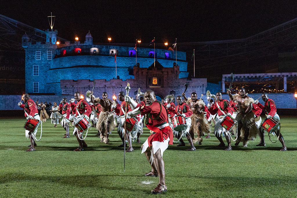 The Republic of Fiji Military Forces Band performs at the dress rehearsal for the Royal Edinburgh Military Tattoo at ANZ Stadium in Sydney