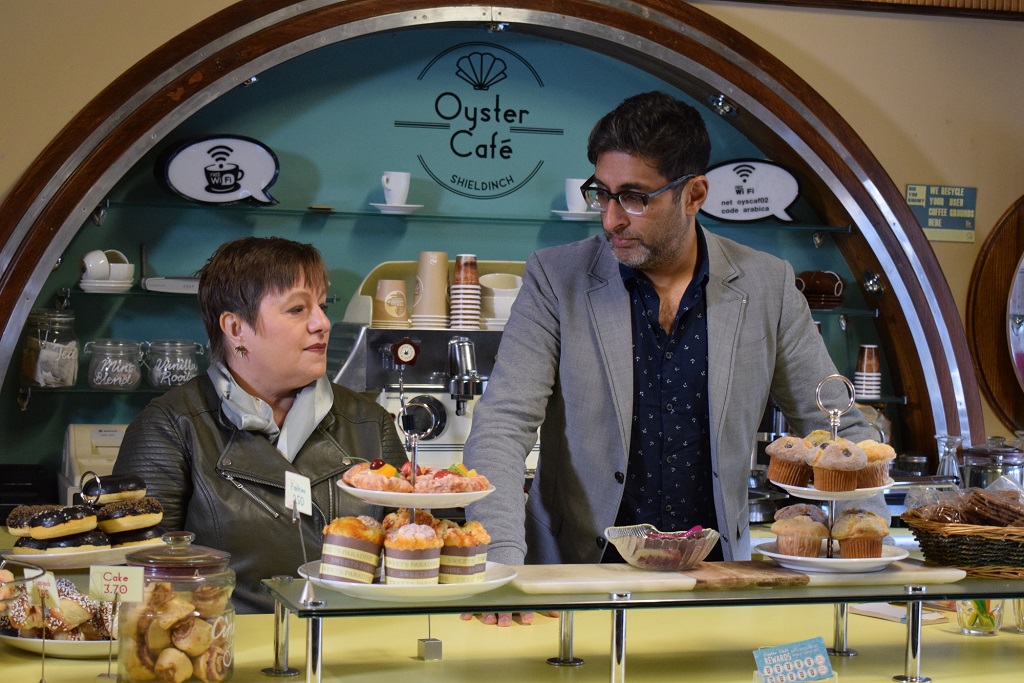 Rachel McCormack on the River City set with Sanjeev Kohli   (Photo: BBC Scotland)