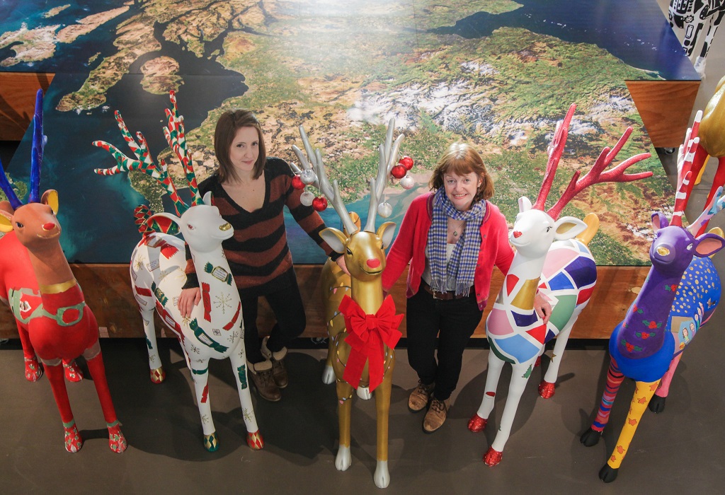 Reindeer with Ashley Runciman (left) and Mags Fenner of Go Forth Stirling (Photo:  Janie Meikle Bland)