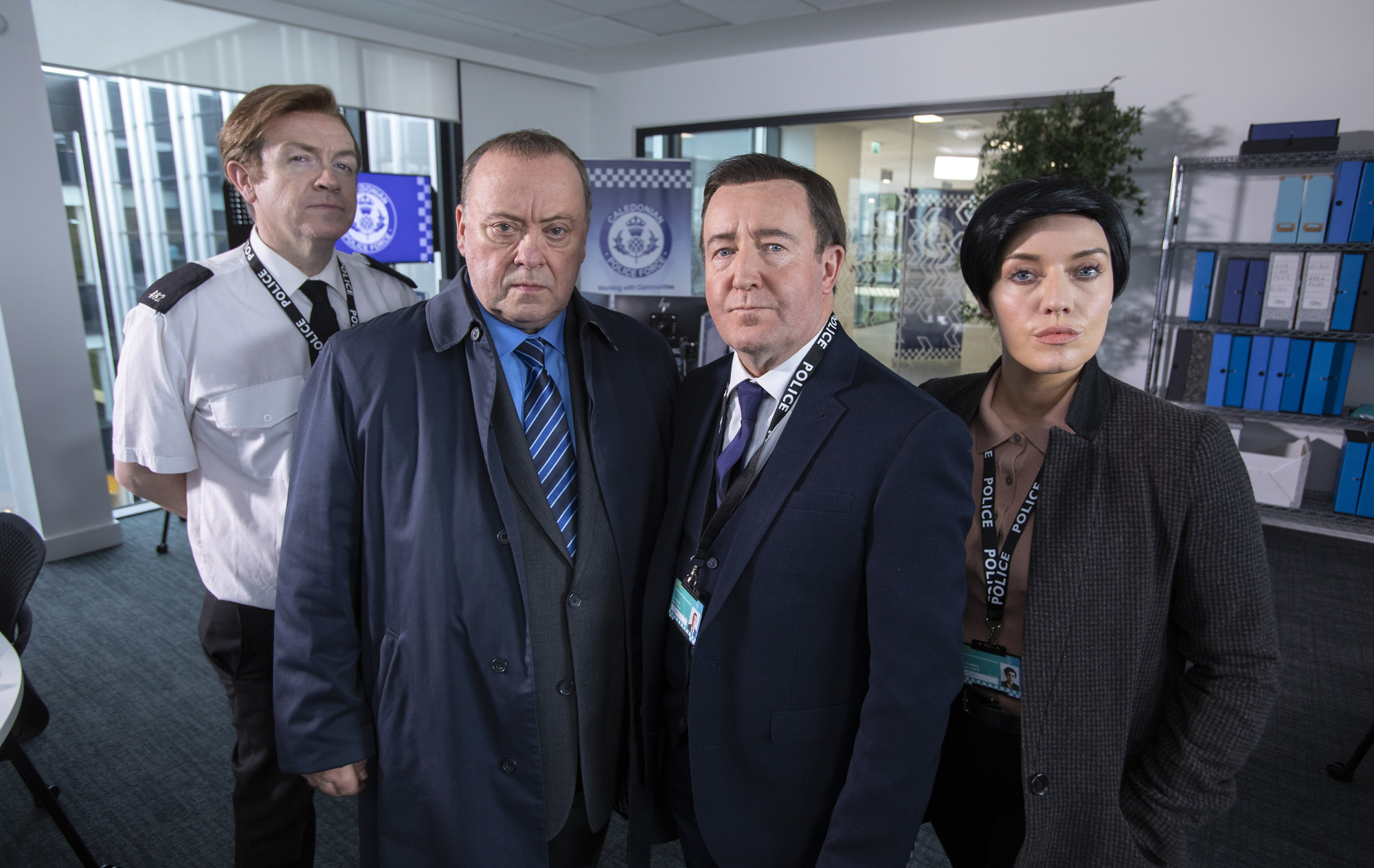 Mark Cox as a senior uniformed officer, Alex Norton as Taggart's DI Burke, Jonathan Watson as Line of Duty's DS Steve Arnott, Joy McAvoy as Line of Duty's DI Kate Fleming  (Photo: BBC Scotland)