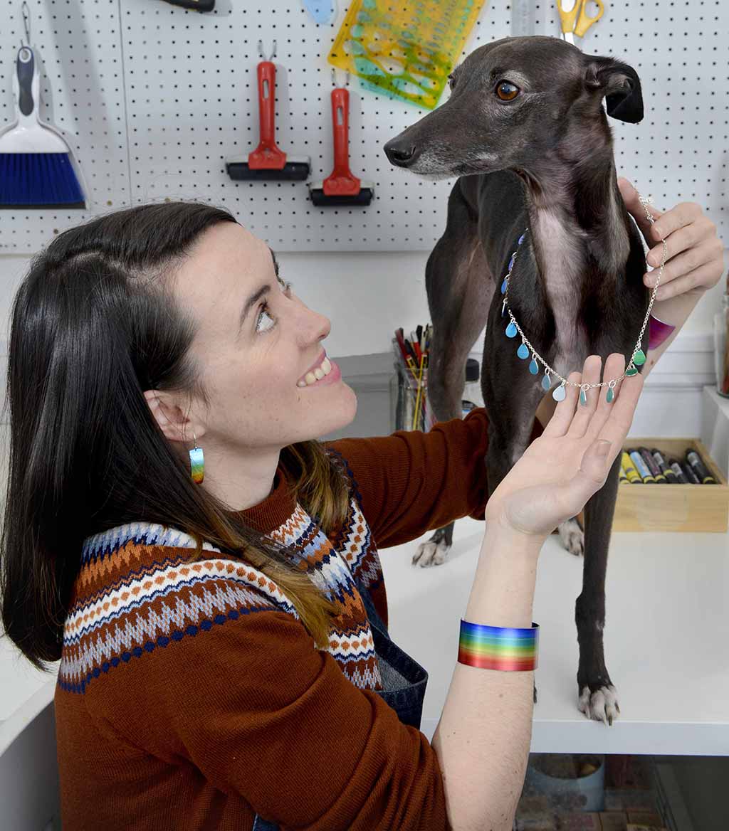 Jewellery maker Jenna McDonald, from Crieff, Perthshire - one of the artists now based at The Creative Exchange, and her whippet dog Millie, who keeps her company in her workshop studio (Photo: Colin Hattersley)