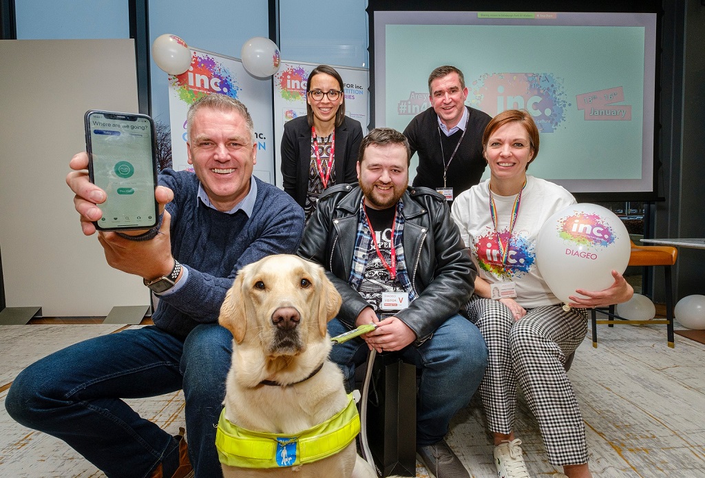 (From left) Gavin Neate, CEO and founder of Neatebox, Carolina Melendez, customer success advisor at Neatebox, Neatebox service user Jon Attenbourgh with his guide dog Sam, Adam Mair, brewing and packaging director at Diageo, and Heather Pritchard, HRBP strategic projects at Diageo
