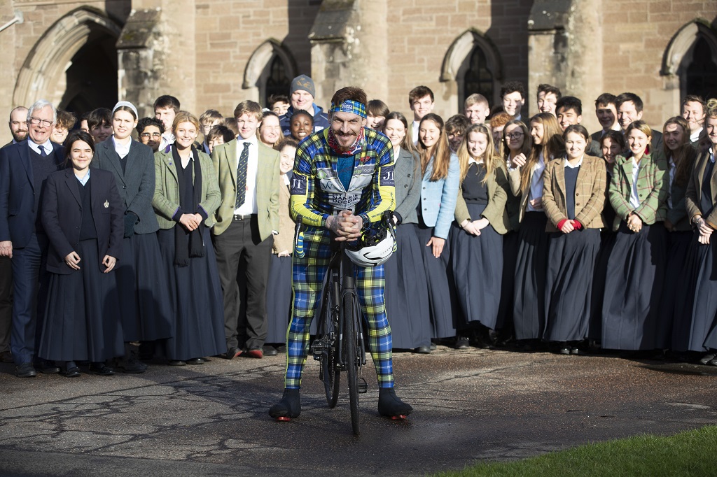 Glenalmond College staff and pupils meet former student Rob Wainwright ahead of his charity cycle (Photo: Graeme Hart / Perthshire Picture Agency)