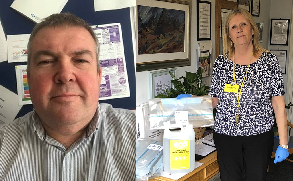 John Whitehouse, deputy manager of Dryfemount Care Home in Lockerbie, who has thanked rapid response specialists ECO. Susan Robson, of Dryfemount Care Home in Lockerbie, with anti-virus sanitiser donated by ECO.