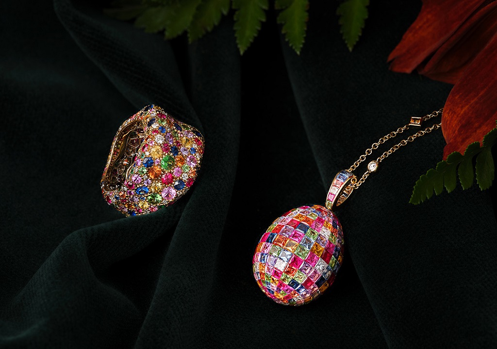 Fabergé Imperial Yellow, Gold Mosaic Ruby, Sapphire &amp; Diamond Egg Pendant and ring