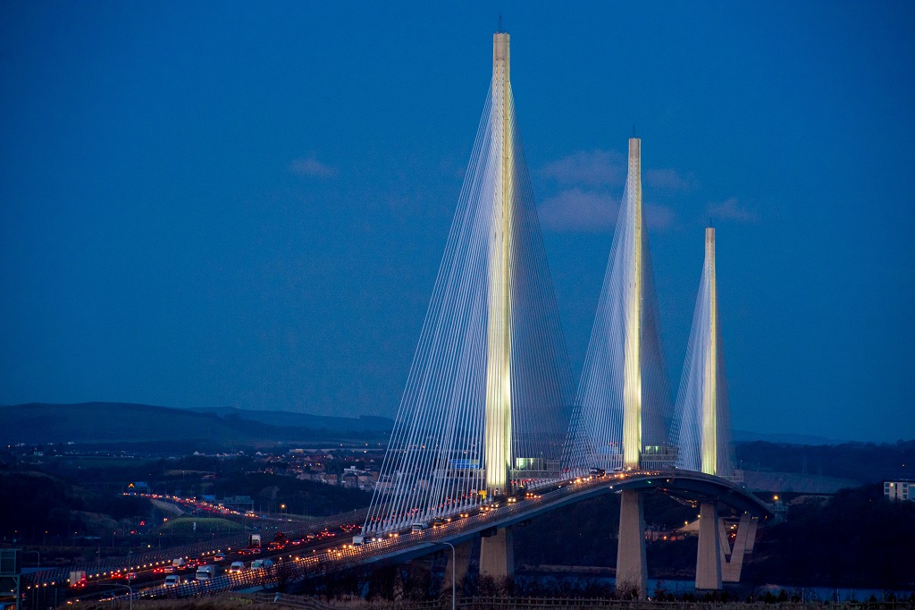 QUEENSFERRY Architectural lighting has been installed on the Queensferry Crossing,  it include's uplighting for each of the main towers and strip lighting along the deck edge of the bridge.